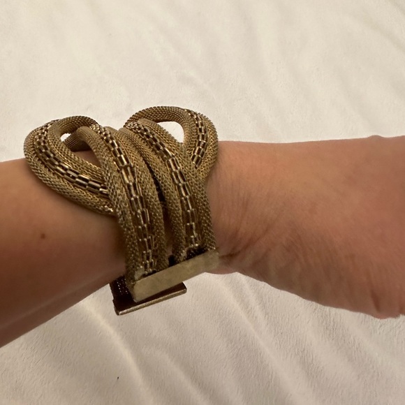 Vintage Gold Tone Mesh And Rhinestone Braided Bracelet - Picture 7 of 11